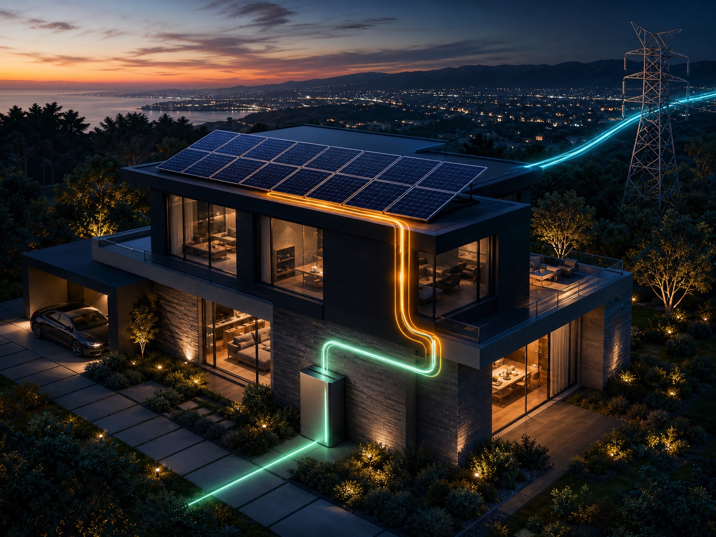 Una casa solar moderna con rutas entre paneles, batería, consumo y red
