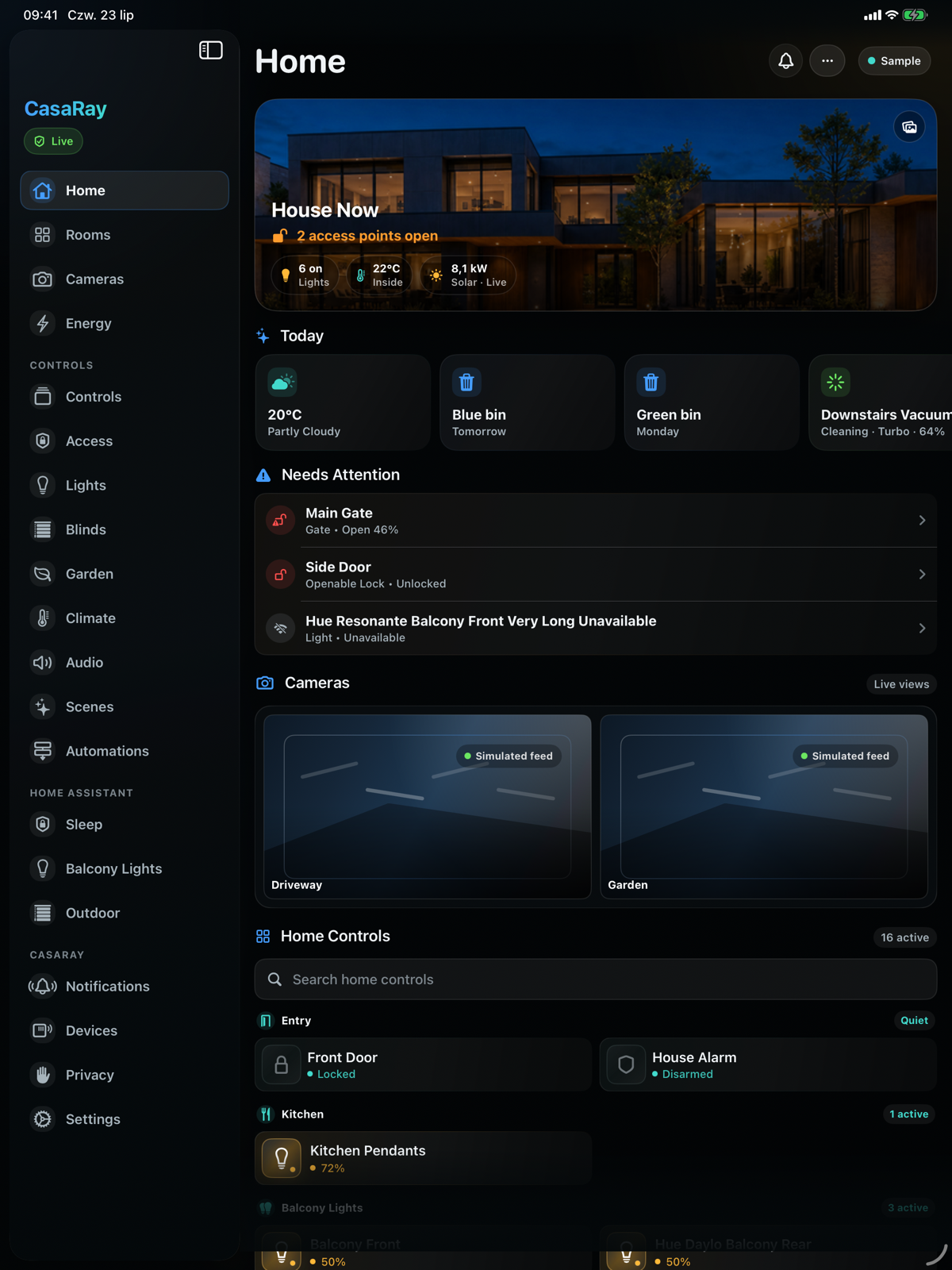 CasaRay Home on iPad showing a large Home Assistant home at a glance