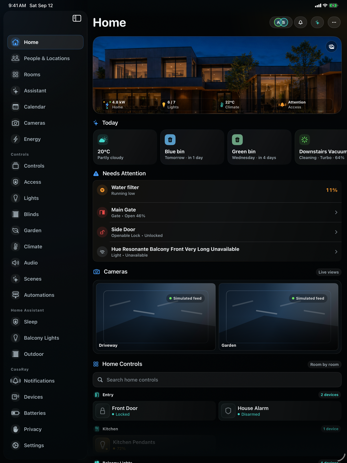See open doors, lights left on, indoor comfort, and what needs attention. Weather and waste collection sit alongside the home, so the next useful detail is close. · iPad