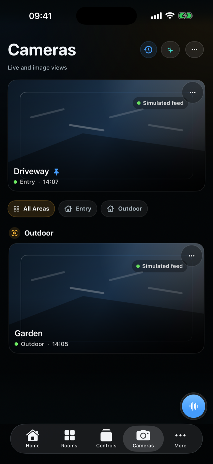 CasaRay Cameras with a featured view and other cameras grouped below, shown in English