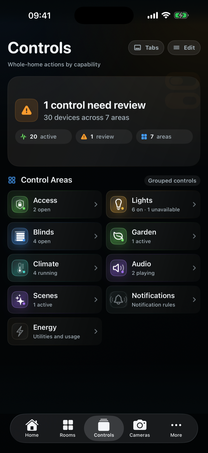 CasaRay grouped Controls overview on iPhone