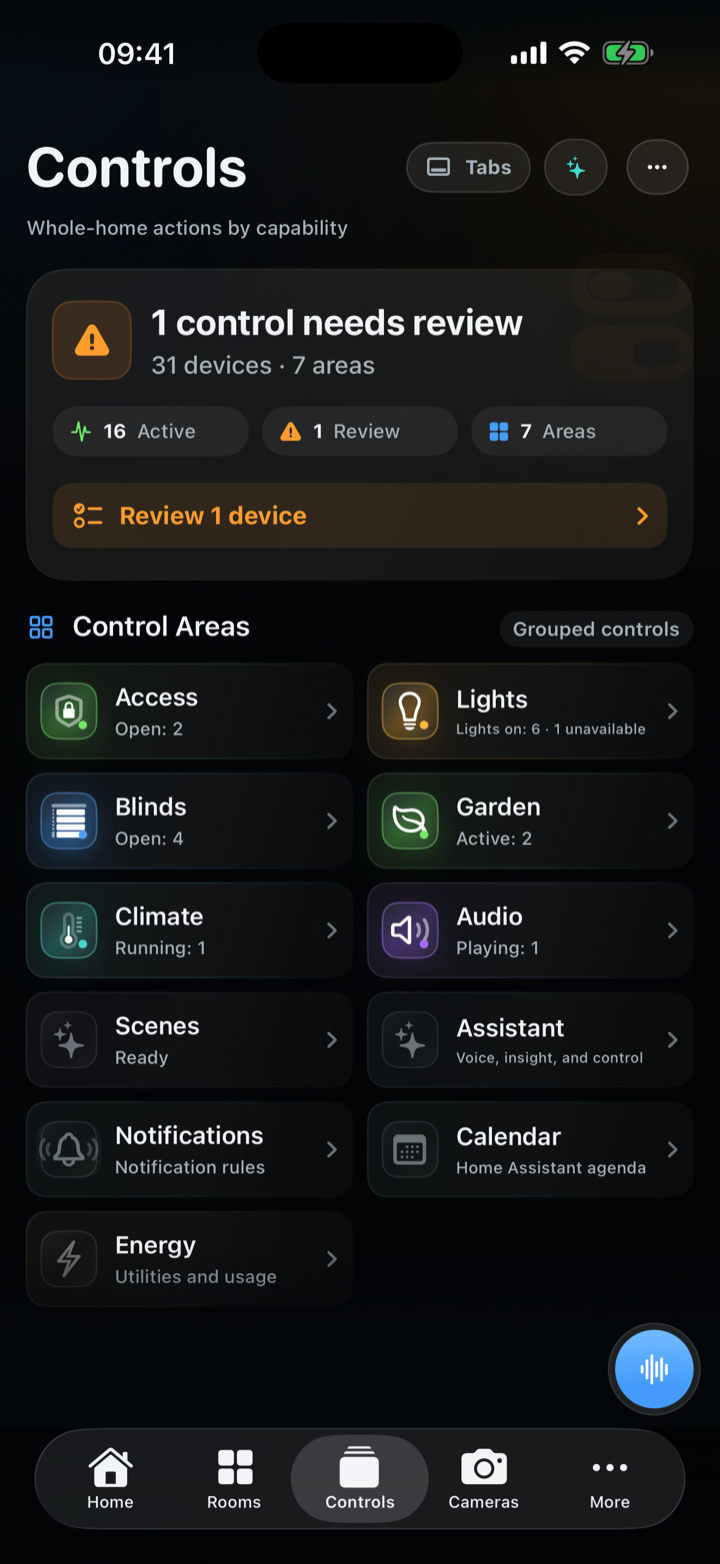 Find lights, blinds, climate, audio, and access together. Review the device and the requested action before confirming a sensitive control.