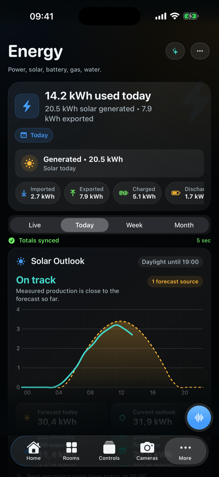 CasaRay Energy showing power flow and leading consumers in a sample home, shown in English