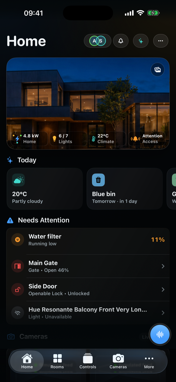 See open doors, lights left on, indoor comfort, and what needs attention. Weather and waste collection sit alongside the home, so the next useful detail is close.