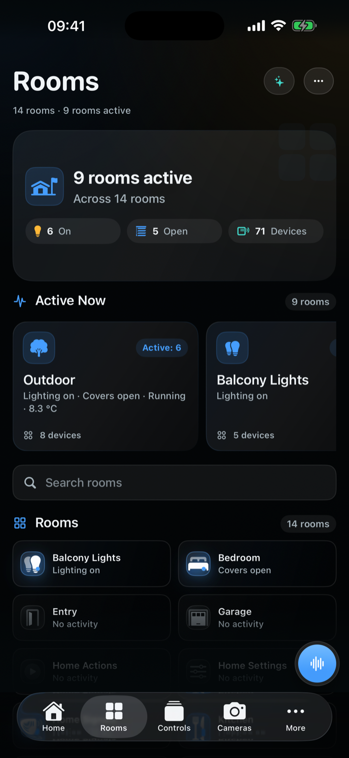 CasaRay Rooms showing active rooms, lights, and open covers in a sample home