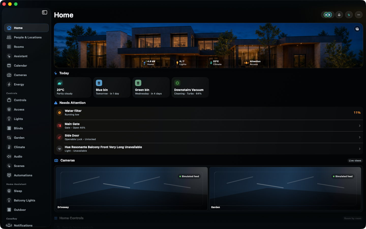 See open doors, lights left on, indoor comfort, and what needs attention. Weather and waste collection sit alongside the home, so the next useful detail is close. · Mac