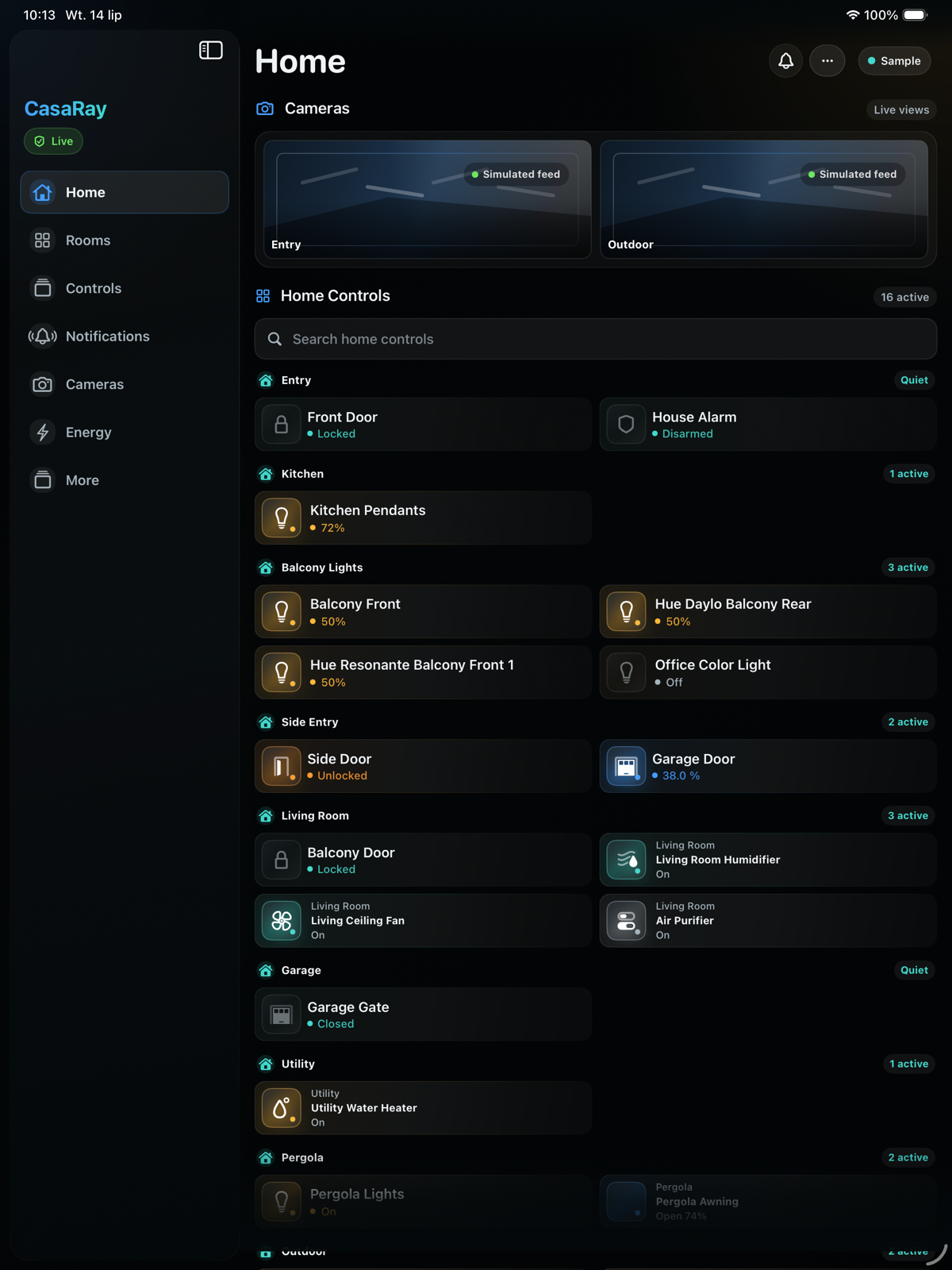 CasaRay Home screen in dark mode on iPad