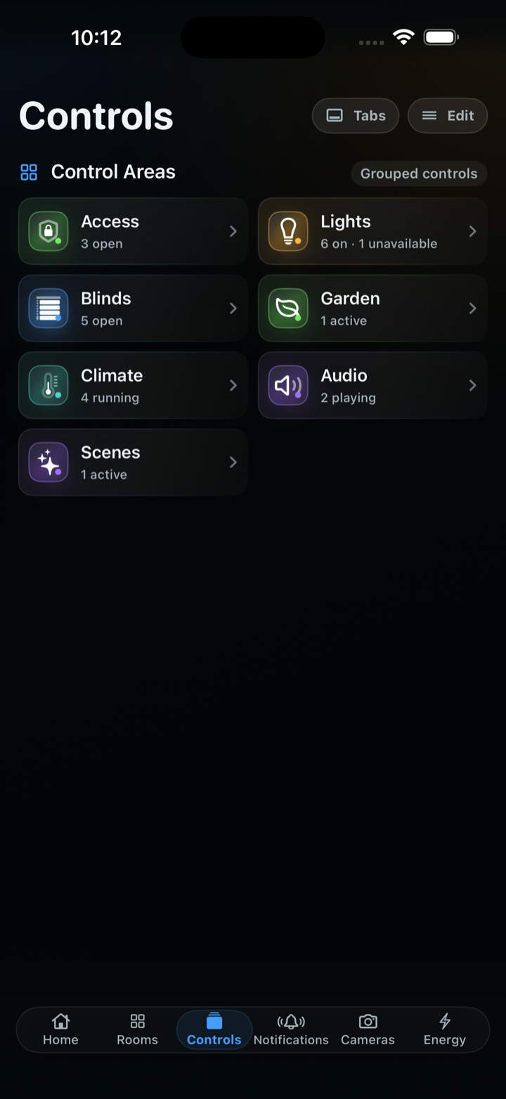 CasaRay Controls screen in dark mode on iPhone