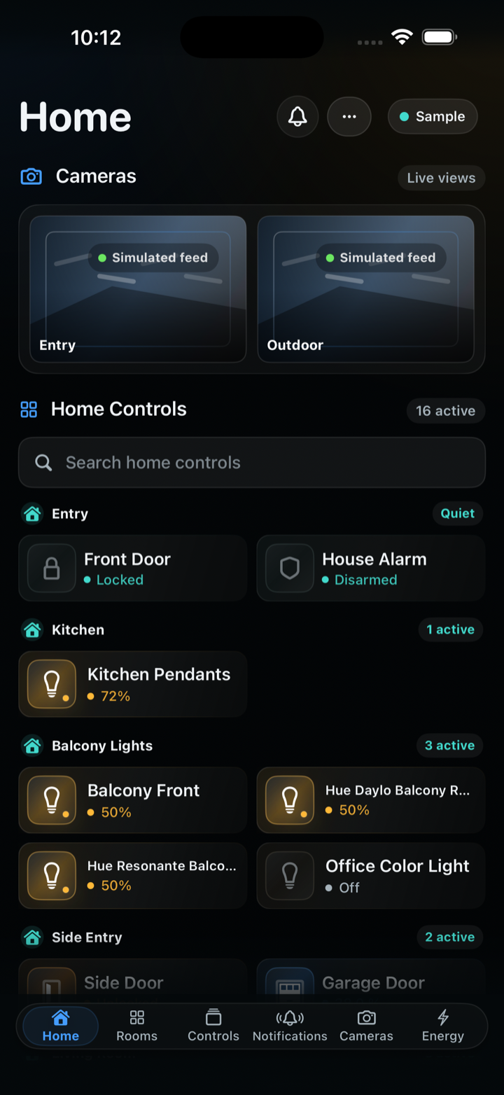 CasaRay Home screen in dark mode showing cameras and grouped home controls