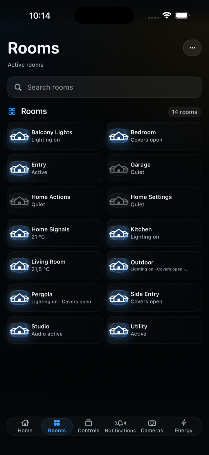 CasaRay Rooms screen in dark mode on iPhone
