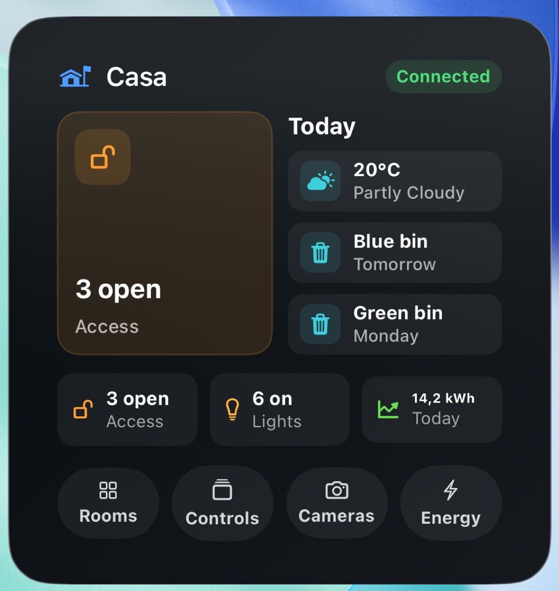 Large CasaRay House widget showing access, lights, energy, weather, waste, and active work